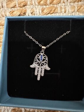 Sterling Hamsa Hand Pendant Necklace - Blue & Silver